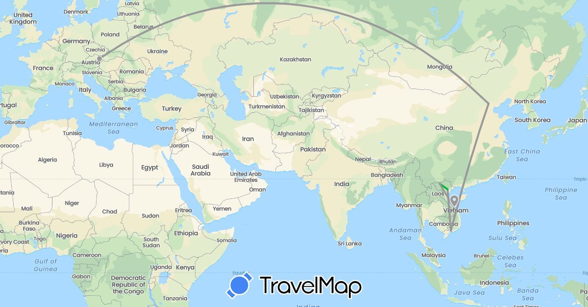 TravelMap itinerary: driving, bus, plane in Austria, China, Vietnam (Asia, Europe)